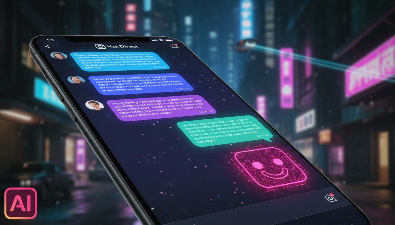 Toolzz: inovação e economia em vendas no Instagram — Close-up de um smartphone exibindo a interface do Direct do Instagram. Várias mensagens de clientes em potencial aparecem na tela, enquanto um agen