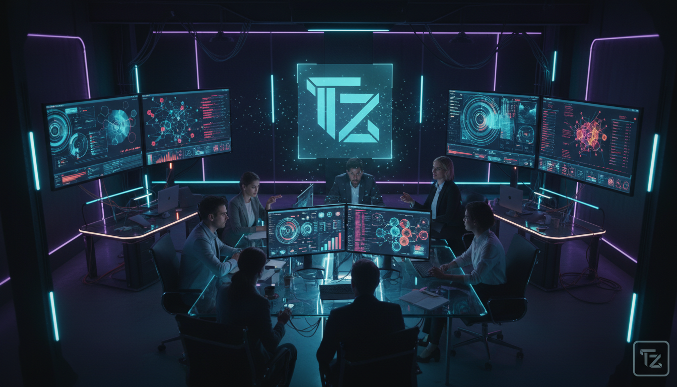 Toolzz: inovação e economia em vendas no Instagram com IA — Visão aérea de um escritório moderno e iluminado, onde uma equipe diversificada colabora em frente a múltiplos monitores exibindo painéis de