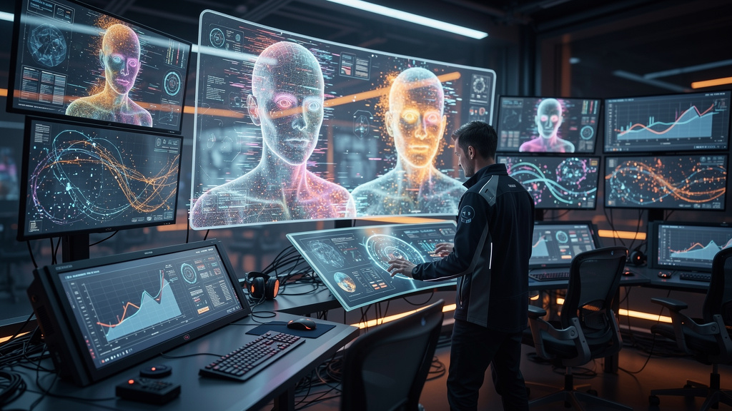 Toolzz: Integração Perfeita com Agentes de IA em 2026 — Uma sala de controle futurista, com vários monitores mostrando dados complexos e agentes de IA representados como avatares digitais. Um engenhei
