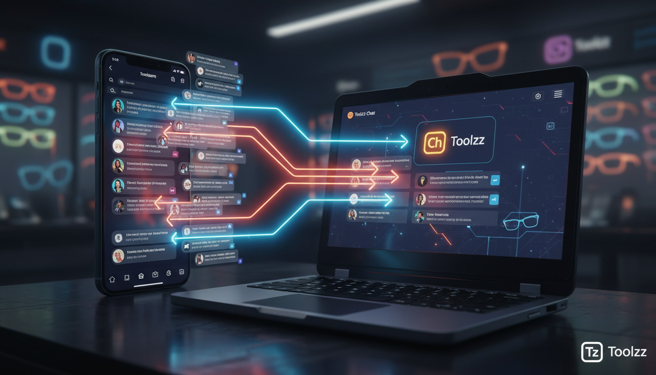 Toolzz: integração perfeita com automação do Instagram para óticas em 2026 — Close-up de um smartphone exibindo uma tela do Instagram com várias DMs e comentários de clientes. Setas luminosas conectam