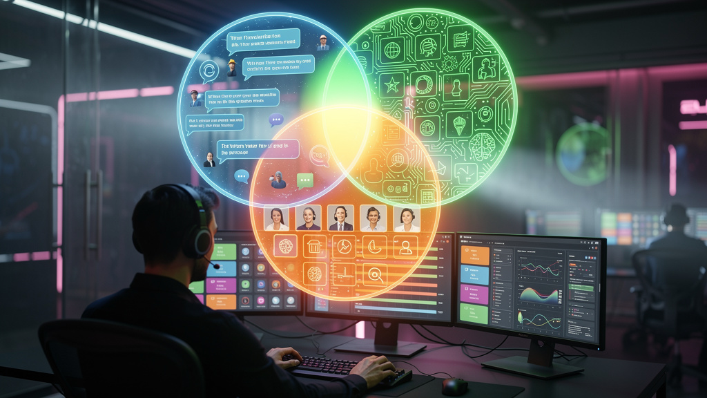 Toolzz: Integração Perfeita com Chatbots e IA para 2026 — Um diagrama de Venn colorido mostrando a interseção entre 'Chatbots', 'Inteligência Artificial' e 'Agentes Humanos'. A área de interseção é de