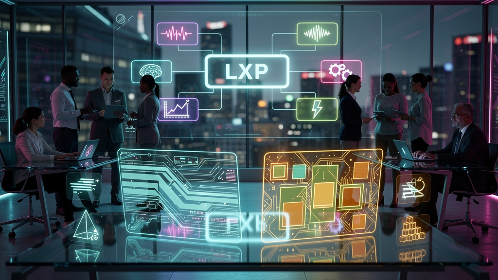 Toolzz: integração perfeita com IA e o futuro da educação em 2026 — Um infográfico dividido em duas partes para carrossel do Instagram. Parte superior: Um diagrama de blocos mostrando a Toolzz LXP no 
