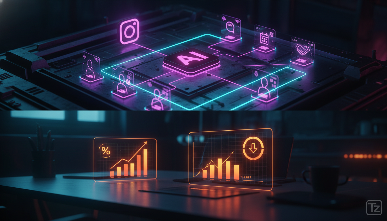 Toolzz: integração perfeita com IA para Instagram em 2026 — Um infográfico dividido em duas partes para um carrossel do Instagram. Parte superior: Um diagrama de fluxo mostrando como um agente de IA d