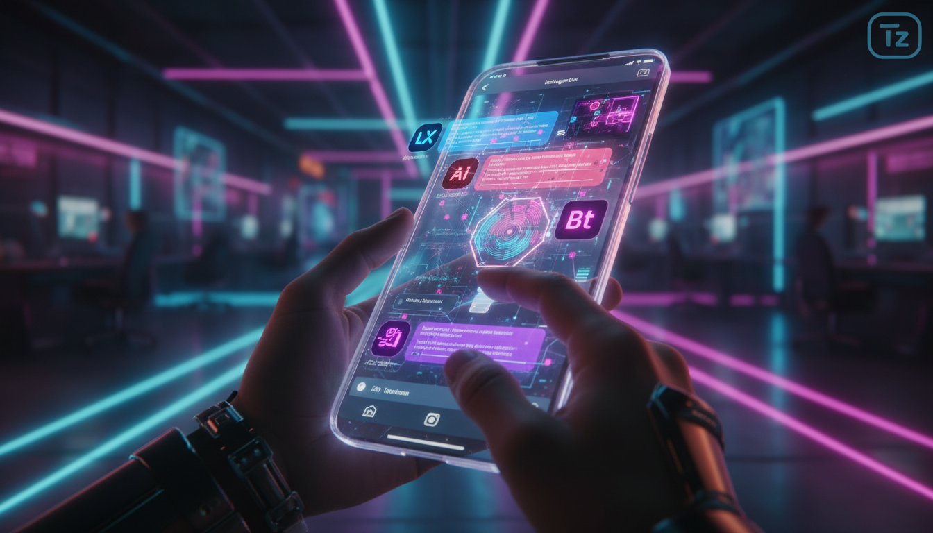 Toolzz: integração perfeita com Instagram 2026 — Close-up de dedos digitando rapidamente em um smartphone. Na tela, uma interface do Instagram DM com múltiplas conversas personalizadas em andamento. P