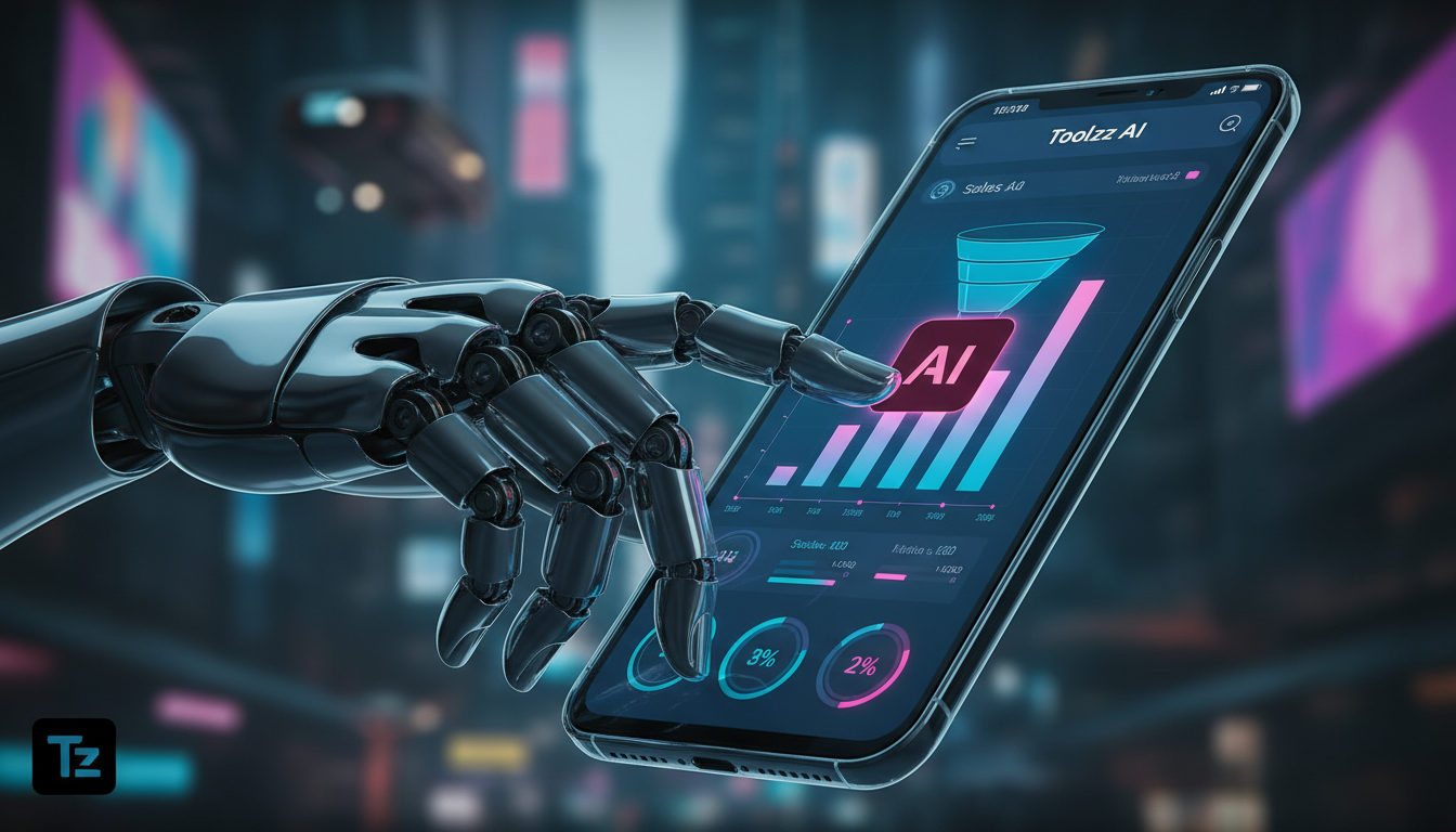 Toolzz: integração perfeita com Instagram 2026 — Close-up de um braço robótico elegante segurando um smartphone que exibe um painel de controle da Toolzz AI, mostrando dados analíticos do funil de ven