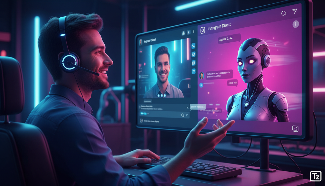 Toolzz: integração perfeita com Instagram — Um atendente de suporte ao cliente, com headset, sorrindo e gesticulando durante uma videochamada. Ao lado, em uma tela dividida, um Agente de IA da Toolzz 