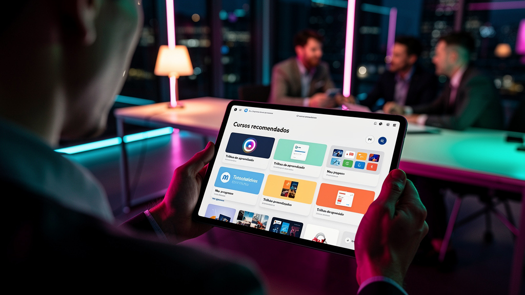 Toolzz LXP: A Plataforma Ideal para a Experiência do Seu Time — Close-up de um tablet exibindo a interface intuitiva da Toolzz LXP, com um colaborador interagindo com a tela. A interface mostra um pai
