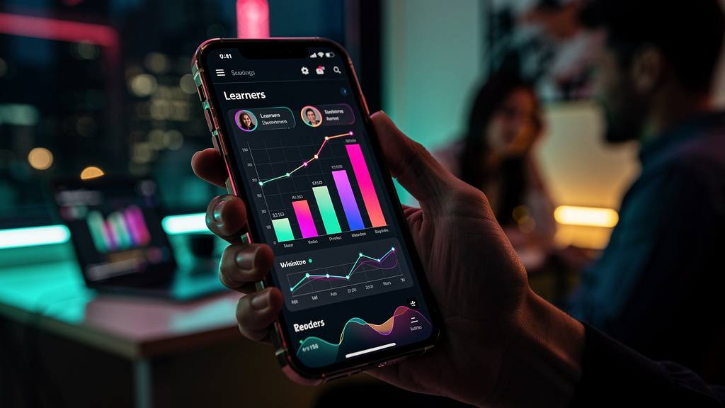 Toolzz LXP para PMEs: 7 alternativas ao Schoox em 2026 — Um close-up de um smartphone exibindo um gráfico de desempenho de alunos na Toolzz LXP, com cores vibrantes e design moderno. Uma mão segura o 
