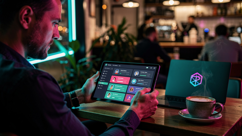 Toolzz LXP: whitelabel completo para treinamento de vendas — Close-up de um vendedor usando um tablet em um café. A tela do tablet exibe a interface intuitiva da Toolzz LXP, mostrando trilhas de apren