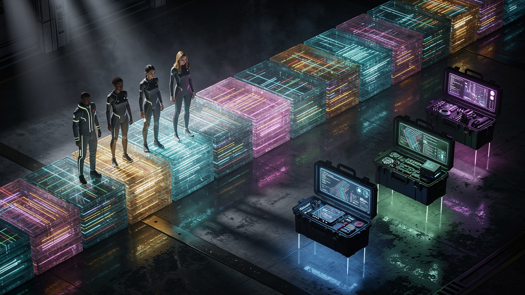 Toolzz: MCP e a Integração Inteligente de Ferramentas para Agentes de IA — Ilustração isométrica de uma ponte futurista feita de blocos de código. De um lado, um grupo de avatares representando agente