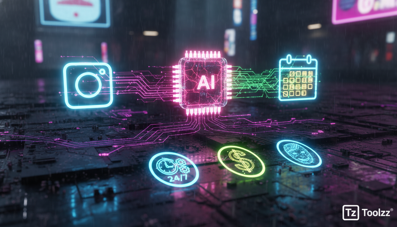 Toolzz: o Agendamento AI mais inteligente e avançado — Um infográfico dividido em duas partes para carrossel do Instagram. Parte 1: No topo, um diagrama de fluxo simplificado mostrando o processo de a