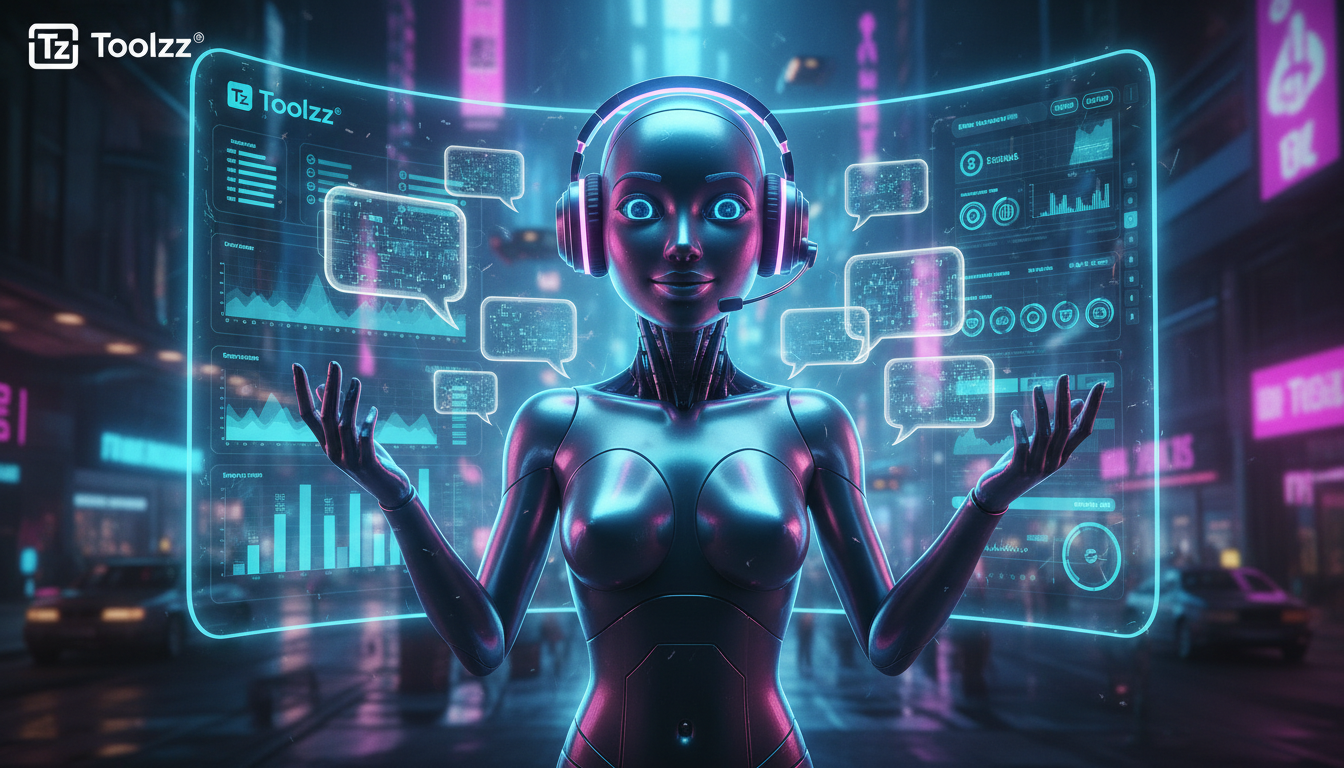 Toolzz: o Agente SDR AI mais inteligente — Um atendente virtual em estilo cartoon moderno, com fones de ouvido e microfone, interagindo com diversos balões de diálogo que representam mensagens de clie