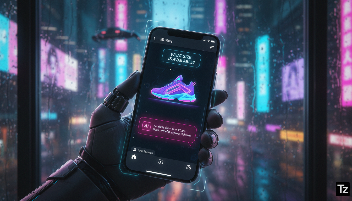 Toolzz: o Instagram Commerce mais inteligente e avançado — Close-up de um smartphone exibindo um Story do Instagram com um adesivo de pergunta. Uma IA da Toolzz responde instantaneamente à pergunta co