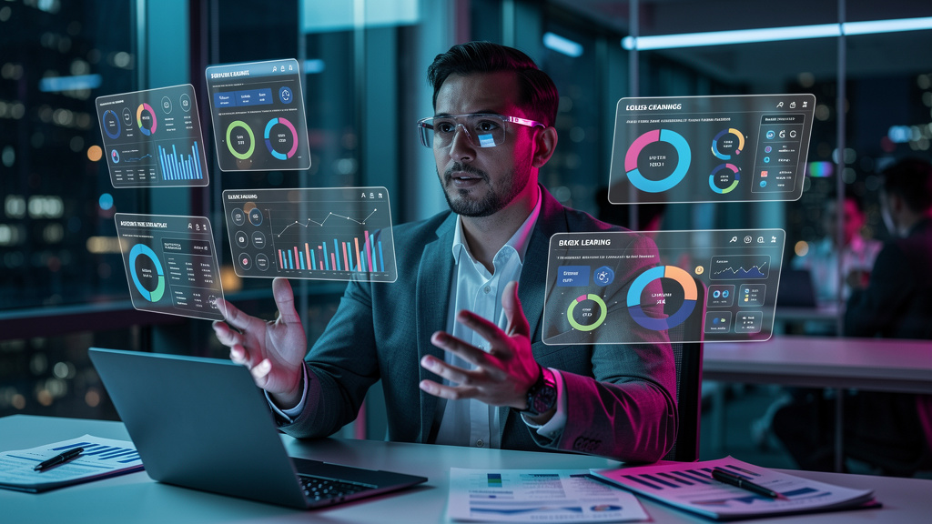 Toolzz: O LXP mais inteligente e avançado para contabilidades em 2026 — Um profissional de contabilidade usando óculos de realidade aumentada. Os óculos exibem módulos de aprendizado personalizados do