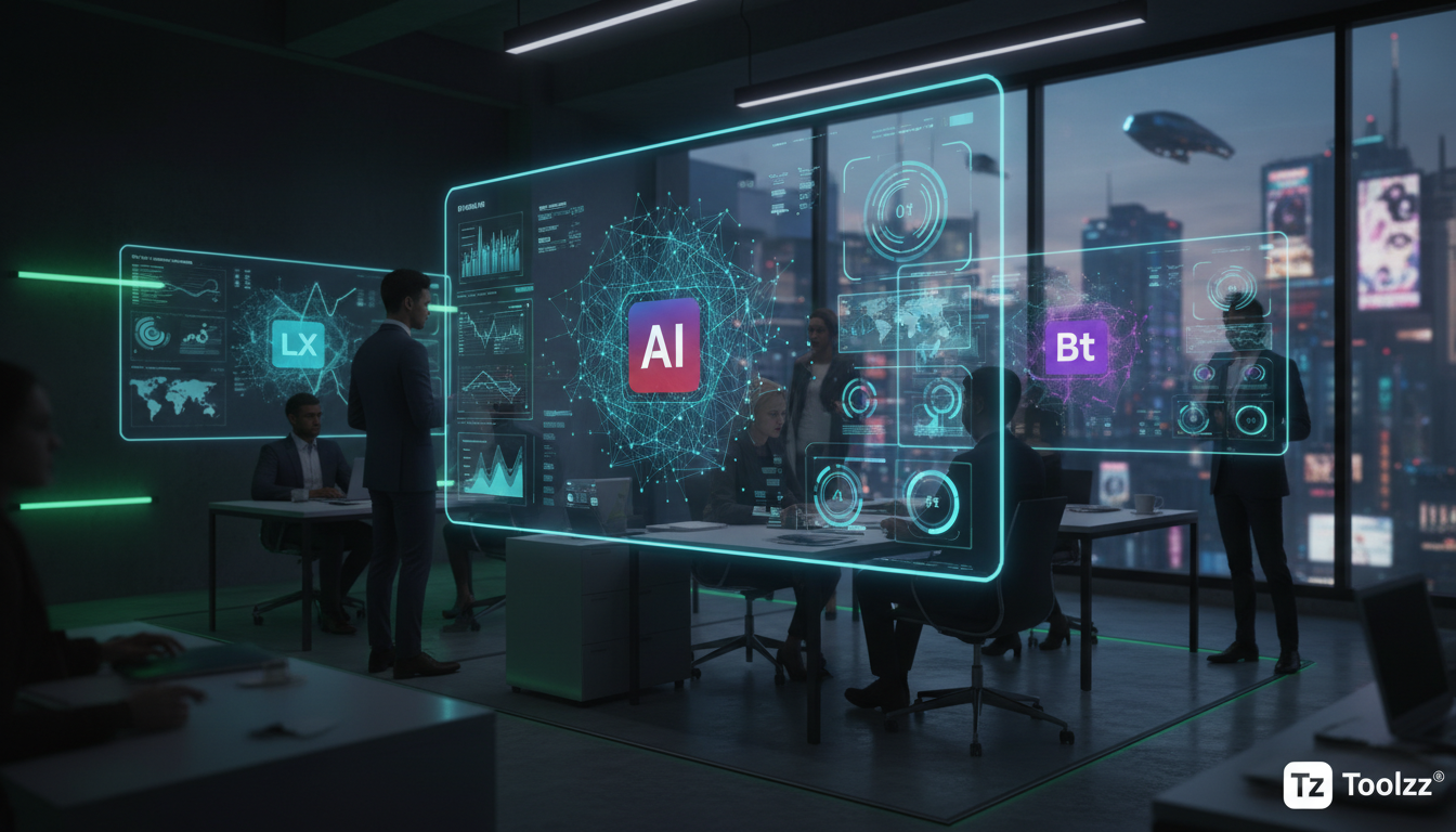 Toolzz: o melhor custo-benefício em IA para Instagram — Um escritório movimentado com pessoas colaborando em frente a telas que exibem dashboards de análise de dados do Instagram. Uma tela em destaque