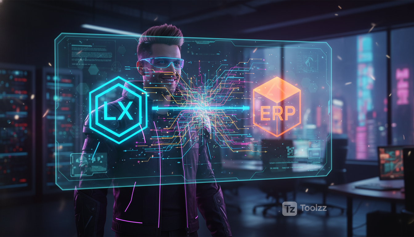 Toolzz: o melhor custo-benefício em Integração LMS/LXP com ERP — Um arquiteto de software sorrindo, em frente a uma tela holográfica que exibe um diagrama complexo de conexão entre um ícone estilizado