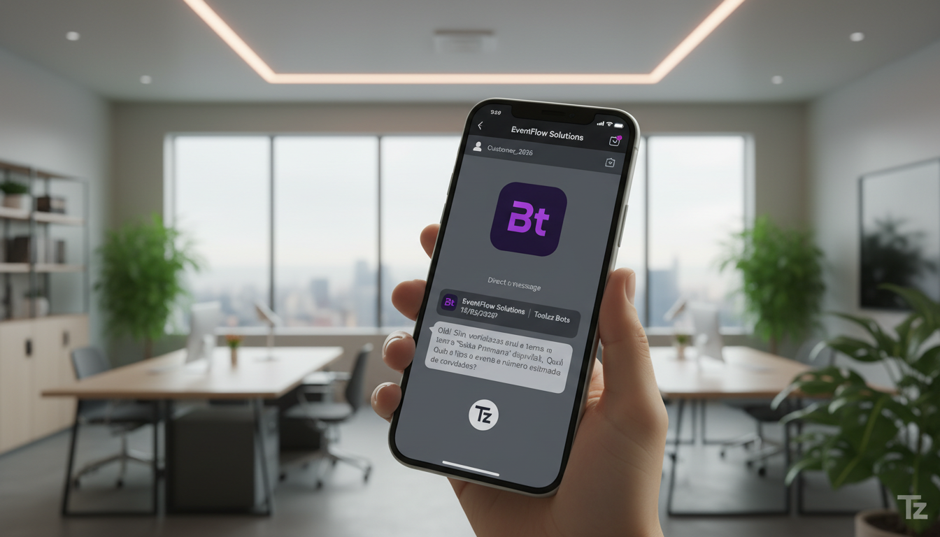 Toolzz: o parceiro tecnológico ideal para 2026 — Uma tela de smartphone mostrando uma conversa de Instagram DM com um cliente, onde um chatbot da Toolzz (com logo Toolzz visível no avatar) responde in