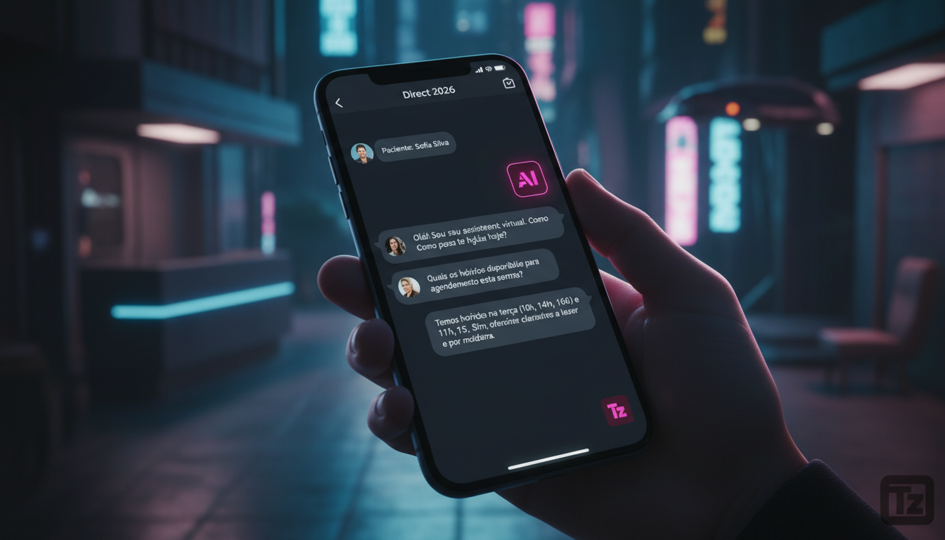 Toolzz: o parceiro tecnológico ideal para IA no Instagram em 2026 — Um close-up de um smartphone mostrando uma conversa no Instagram Direct entre um paciente e um Agente de Suporte AI da Toolzz. O age