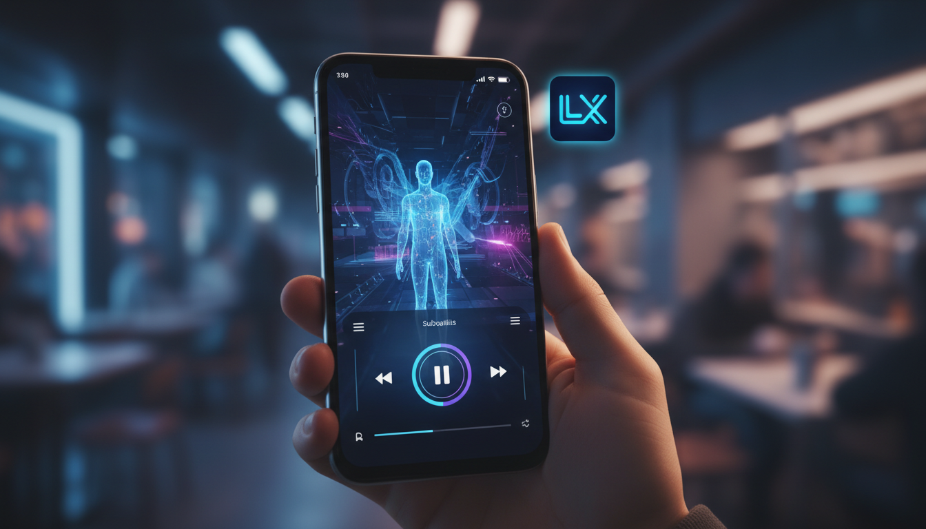 Toolzz: o Streaming de Vídeo em LXP mais inteligente e avançado — Um close-up de um smartphone exibindo um vídeo educacional em streaming. A interface do aplicativo é moderna e intuitiva, com controle