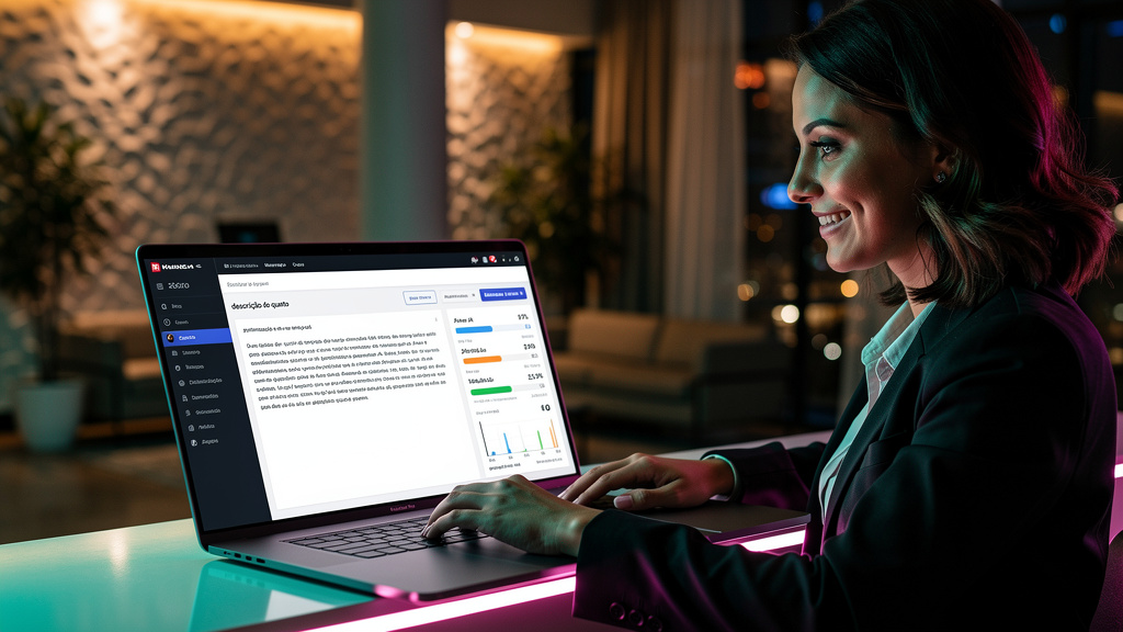 Toolzz: onboarding em 5 minutos sem complicação — Um usuário de hotelaria sorrindo enquanto usa a plataforma Toolzz em seu laptop para criar descrições de quartos otimizadas para ChatGPT. A interface 
