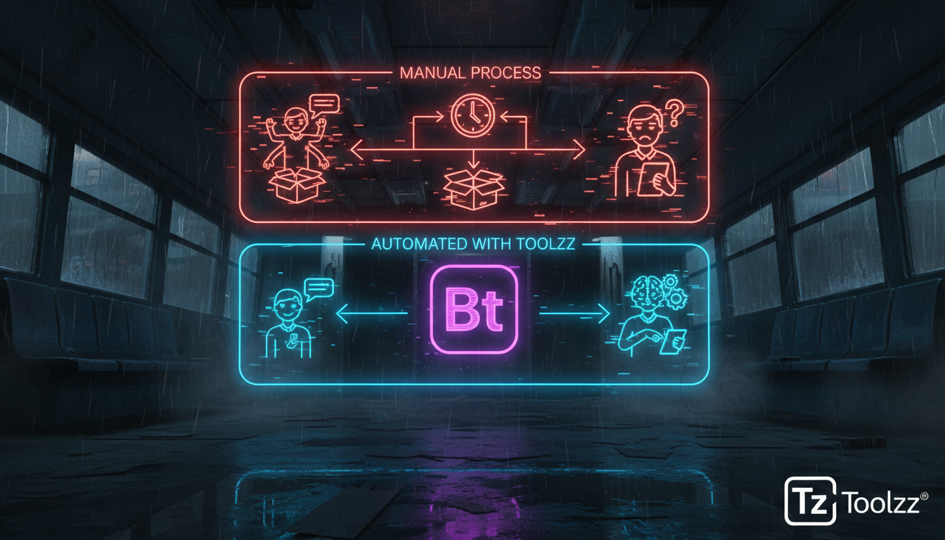 Toolzz: onboarding em 5 passos para Instagram 2026 — Um diagrama infográfico dividido em duas partes para carrossel do Instagram. Parte superior: fluxograma mostrando o processo manual de atendimento 