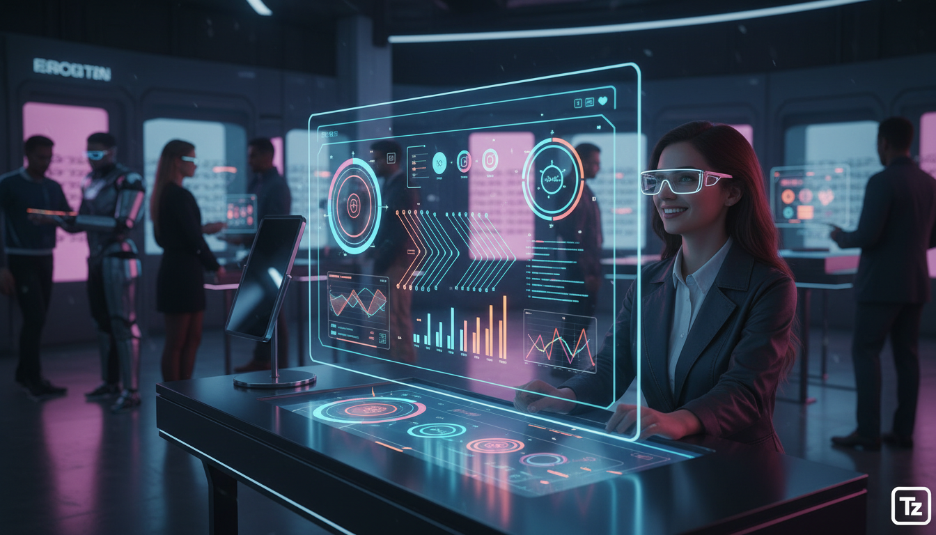Toolzz: onboarding em 5 passos para Instagram — Uma ótica moderna e movimentada, com clientes experimentando óculos. Em primeiro plano, uma tela discreta exibe um dashboard da Toolzz mostrando métrica