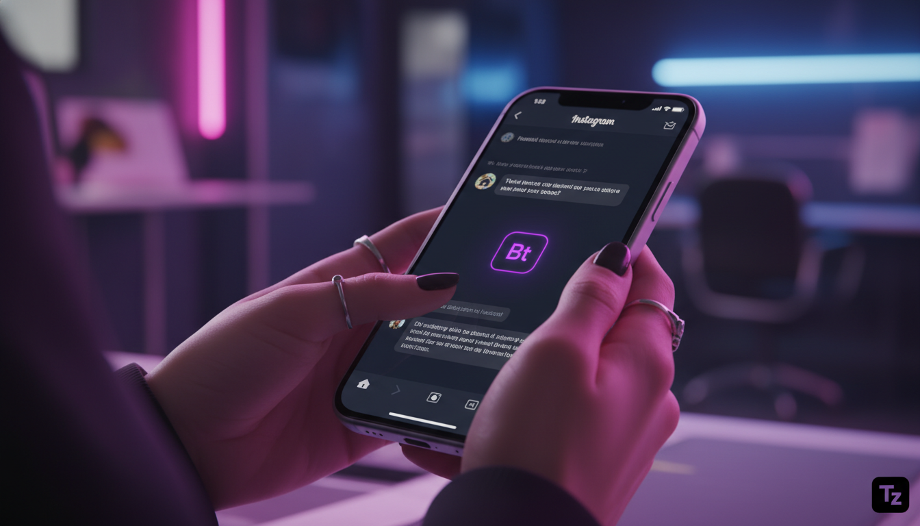 Toolzz: onboarding em 7 dias sem complicação — Um close-up das mãos de um designer de interiores usando um smartphone para responder a uma mensagem no Instagram. A tela do smartphone mostra uma conver
