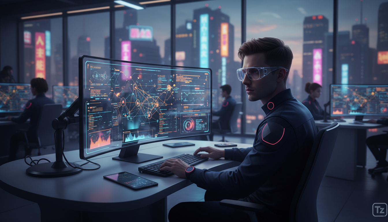 Toolzz: opção inteligente para Agentes IA em Redes Sociais — Um escritório moderno e iluminado com diversos profissionais trabalhando em seus computadores. Em destaque, uma tela exibe um dashboard da 