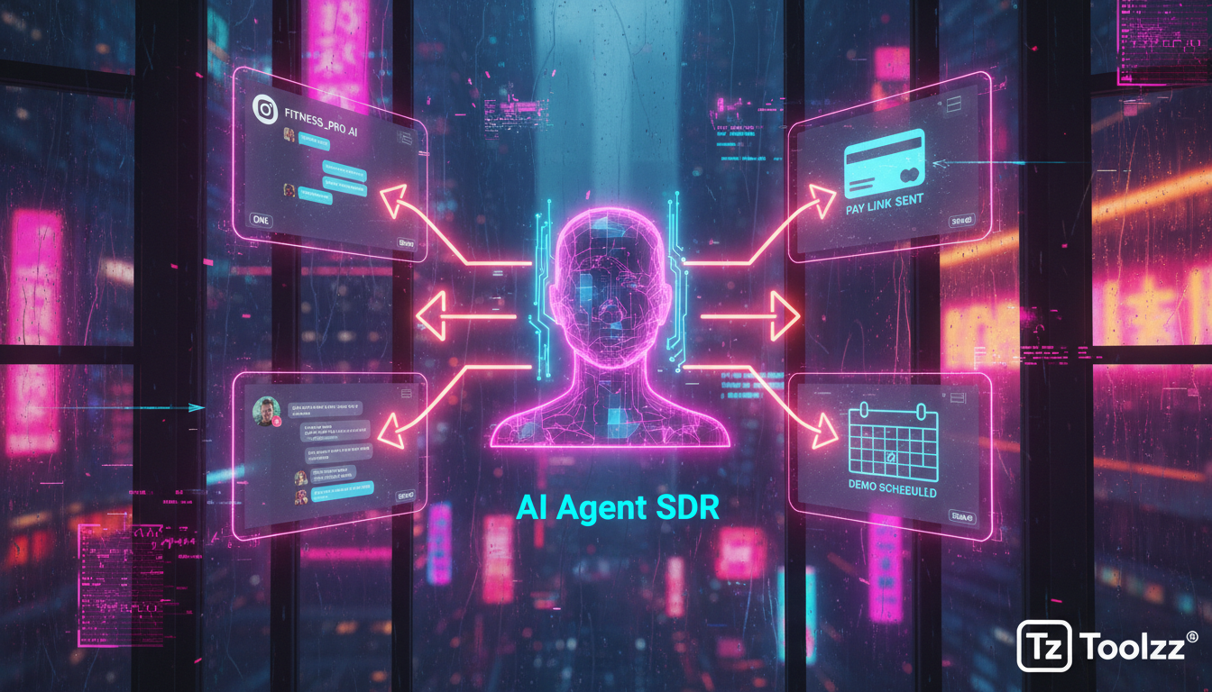 Toolzz: opção inteligente para IA em Redes Sociais — Ilustração digital mostrando o fluxo de trabalho de um Agente SDR AI no Instagram. No centro, um ícone representando o Agente SDR AI (estilo assist
