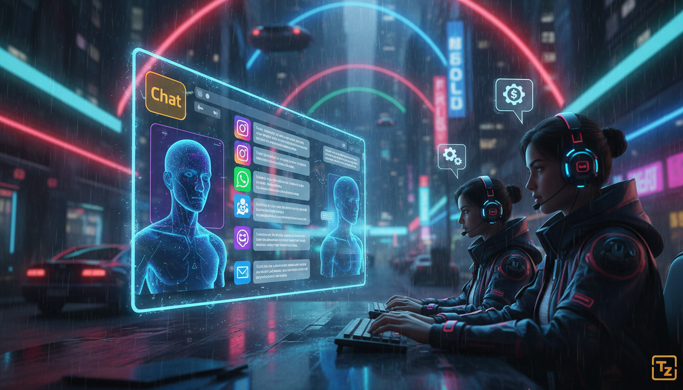 Toolzz: opção inteligente para Instagram Commerce IA — Uma tela de computador exibindo o painel unificado da Toolzz Chat, mostrando conversas de diferentes canais (Instagram, WhatsApp, e-mail) organiz