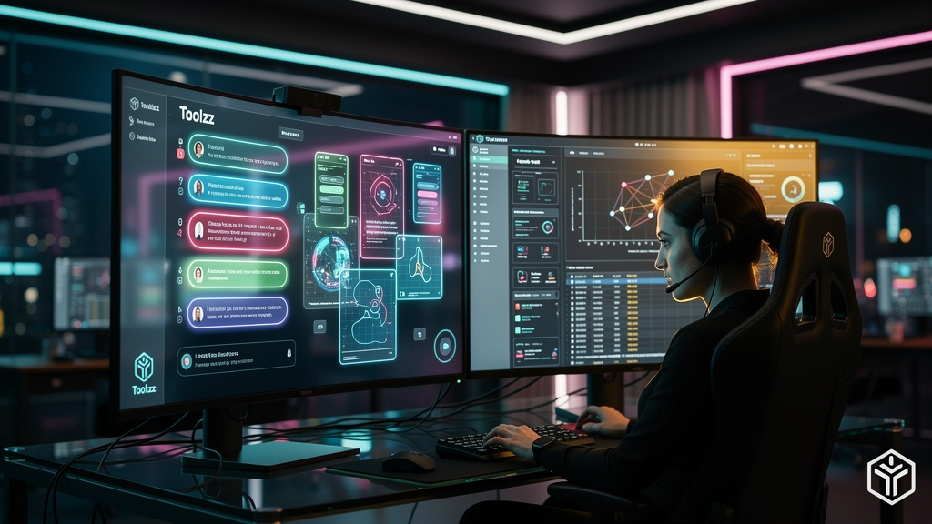 Toolzz: opção inteligente para Integração IA e Atendimento — Uma tela dividida mostrando, de um lado, um chatbot da Toolzz respondendo instantaneamente a várias perguntas de clientes simultaneamente. 