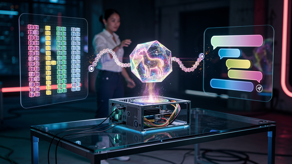 Toolzz: opção inteligente para RAG e Agentes de IA — Um diagrama visual estilizado mostrando um LLM Open Source (Llama 2) recebendo informações de um banco de dados vetorial através de uma conexão n8n