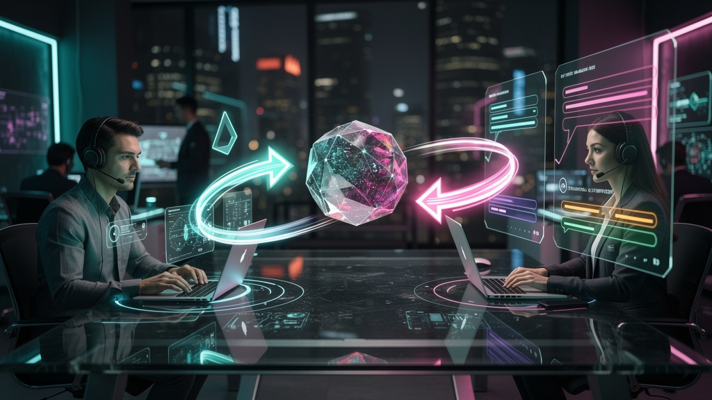 Toolzz para Atendimento: Solução Sob Medida — Ilustração de um diagrama de fluxo mostrando a interação entre um cliente, um agente de IA (chatbot) e um atendente humano. O fluxo começa com o cliente i