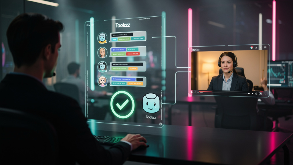 Toolzz para Atendimento: Solução Sob Medida — Um diagrama de fluxo simplificado mostrando uma conversa entre um cliente e um chatbot da Toolzz. O fluxo se divide em dois caminhos: um caminho direto pa