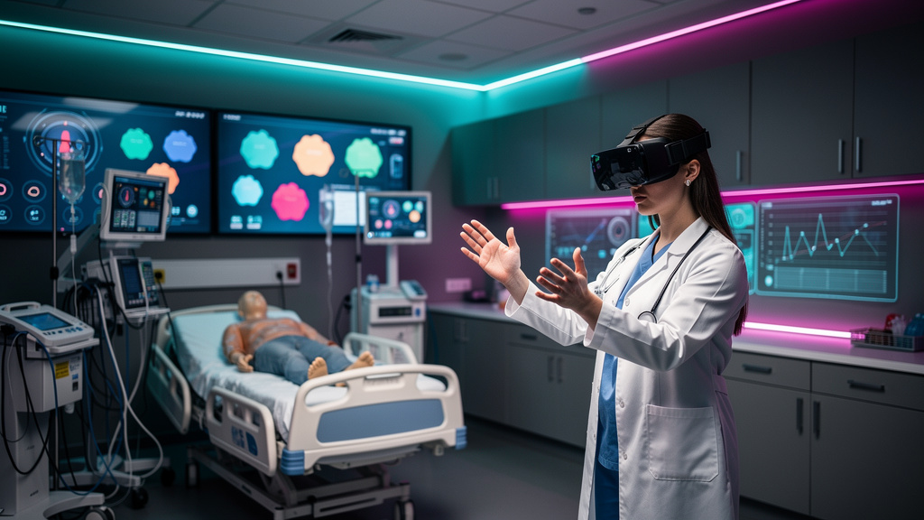 Toolzz para clínicas de saúde: LXP sob medida — Uma médica usando um headset de realidade virtual em uma sala de treinamento simulada, interagindo com um paciente virtual através da Toolzz LXP. A inte