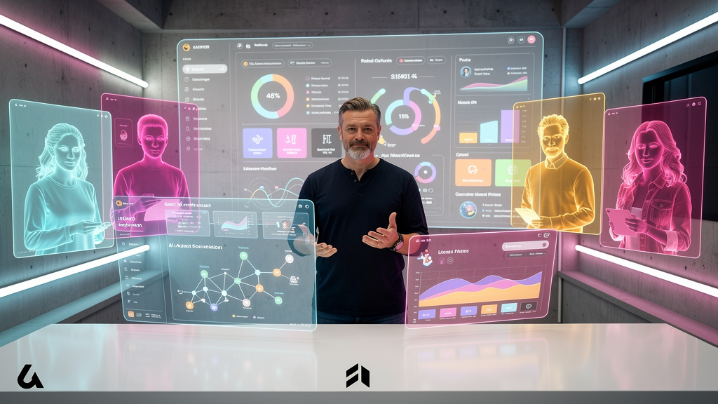 Toolzz para criadores de cursos online: solução sob medida — Um instrutor de cursos online, em um estúdio moderno e minimalista, gesticula entusiasticamente enquanto interage com avatares de alunos qu