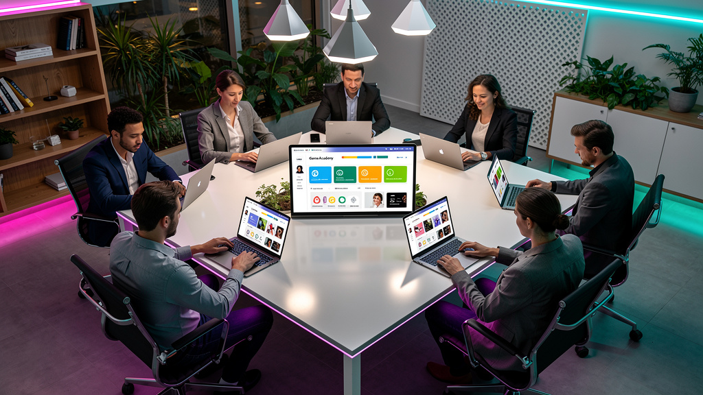 Toolzz para LXP: Solução sob Medida — Visão aérea de um escritório moderno e colaborativo. Vários funcionários estão reunidos em torno de uma grande mesa, cada um com um laptop. Na tela de um dos lapt