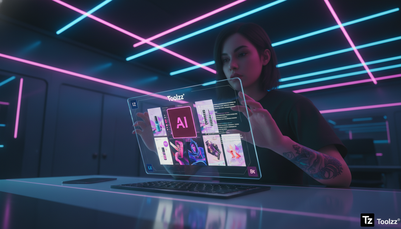 Toolzz para PMEs: 7 Estratégias para Vender Mais no Instagram em 2026 — Um designer usando uma interface de IA generativa da Toolzz em um tablet para criar um post de Instagram. A tela do tablet exibe