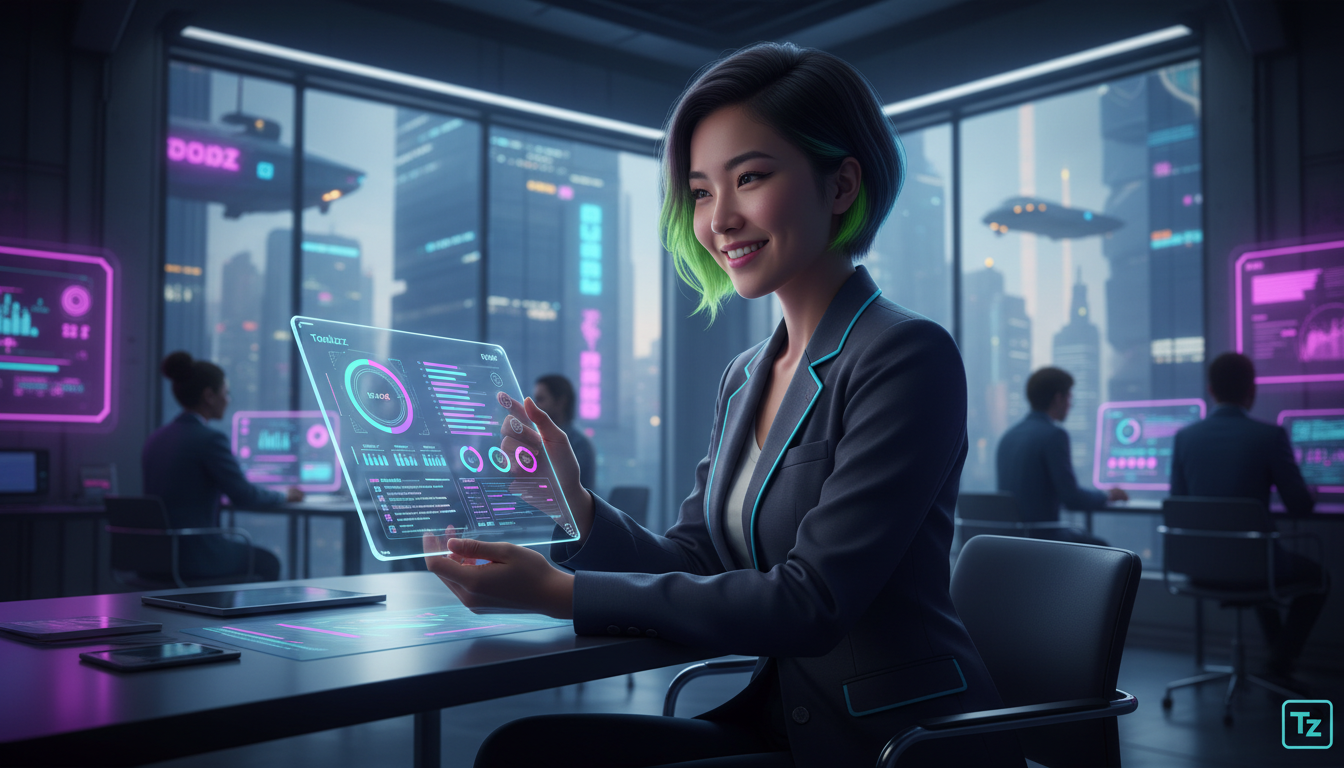 Toolzz para PMEs: 7 Formas de Otimizar o Aprendizado com IA em 2026 — Ilustração digital de uma professora utilizando um painel de controle da Toolzz LXP em um tablet, com diversos gráficos e dados de