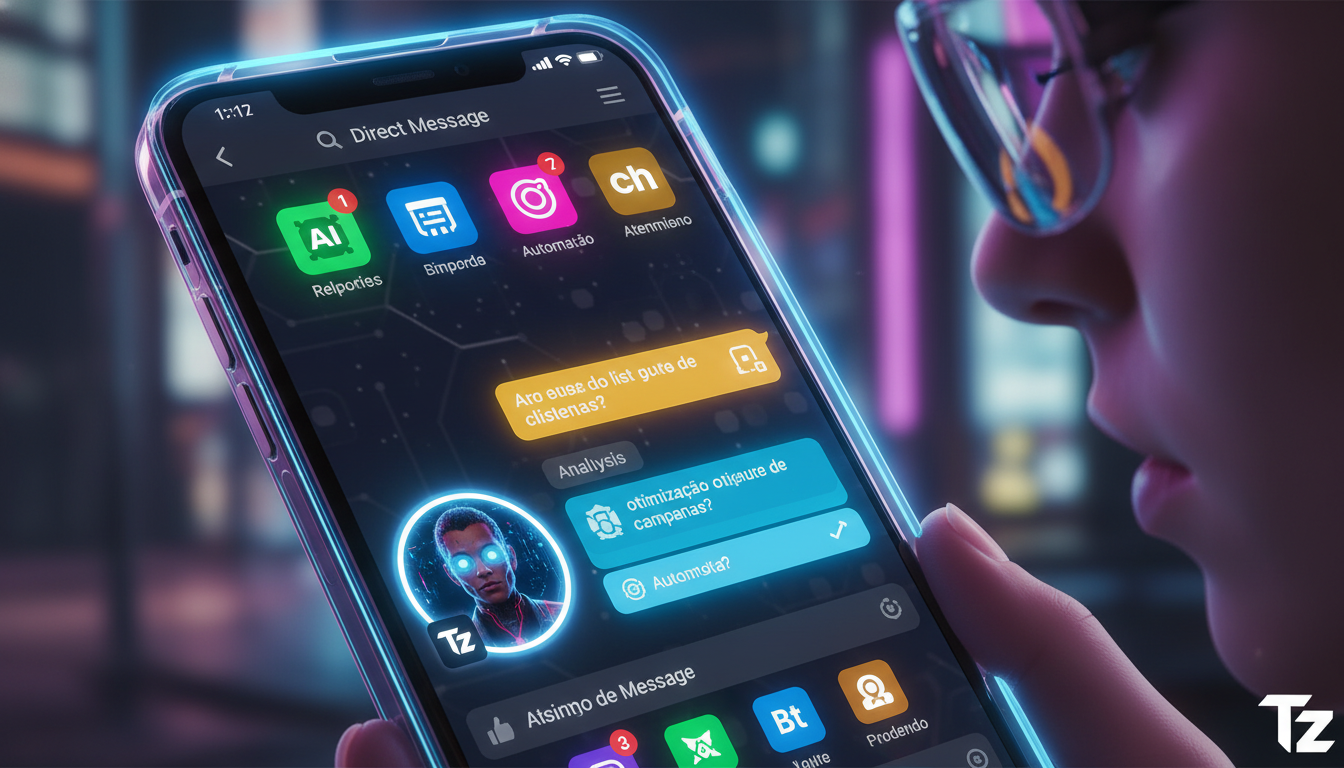 Toolzz para PMEs: 7 tendências Meta Business Suite IA em 2026 — Um close-up de um smartphone mostrando uma conversa no Instagram DM. Um avatar de um agente de IA, com o logo da Toolzz, responde a uma 