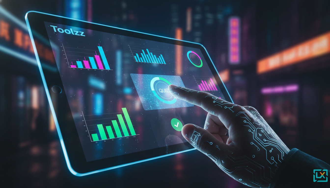 Toolzz para PMEs: 7 Vantagens do Videoaulas em LXP — Close-up de um tablet exibindo uma videoaula interativa da Toolzz LXP. A tela mostra uma animação explicativa com gráficos coloridos e botões de in