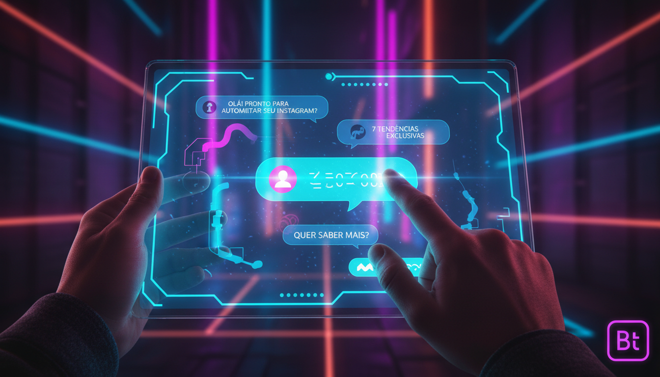 Toolzz para SaaS: 7 Tendências de Automação no Instagram em 2026 — Um close-up das mãos de uma pessoa usando um tablet para interagir com um chatbot de atendimento ao cliente. O chatbot exibe mensagen