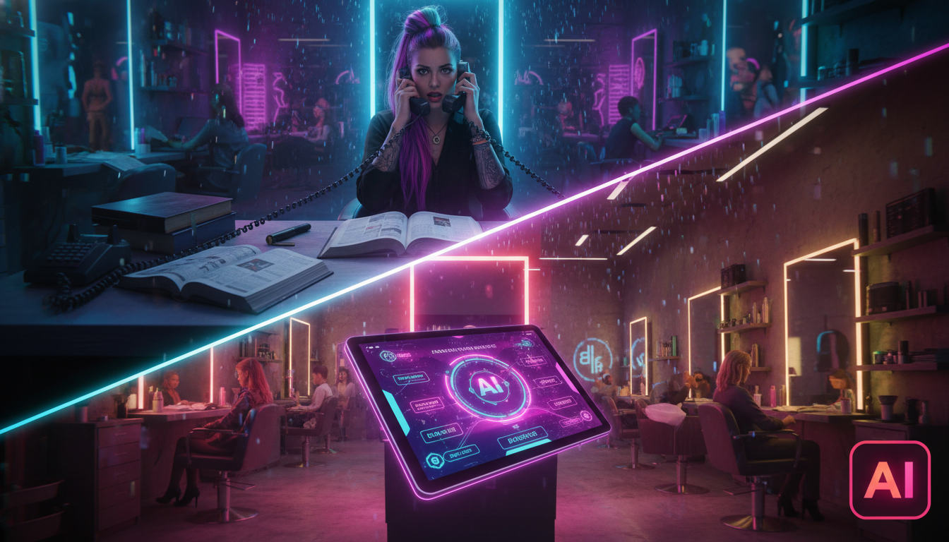 Toolzz: parceiro ideal para Agendamento via Instagram — Split-screen infográfico showing a 'before and after' scenario. Top half: chaotic scene of a salon receptionist overwhelmed with phone calls and