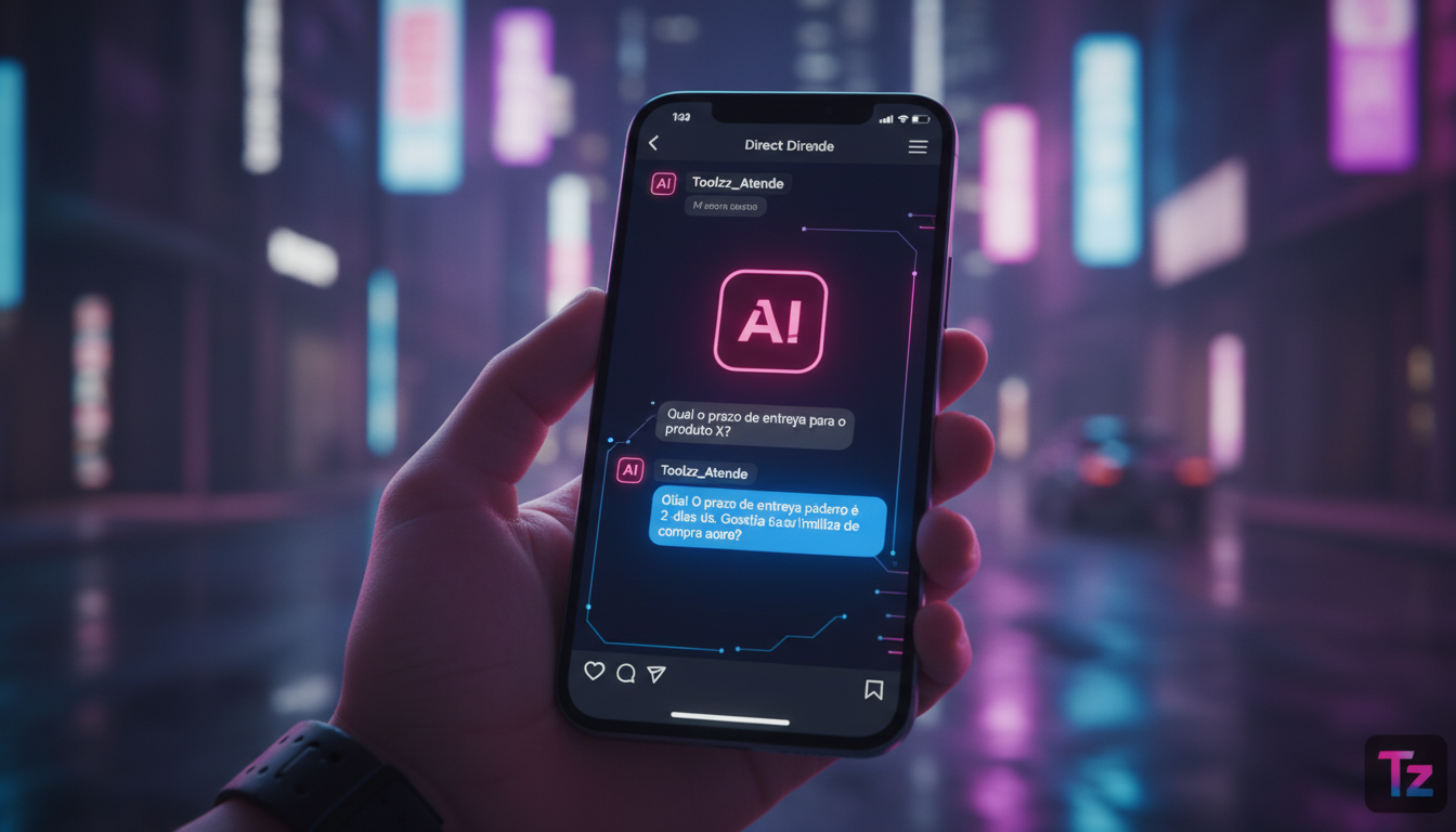 Toolzz: parceiro ideal para escalar atendimento com IA no Instagram — Close-up de uma mão segurando um smartphone. Na tela, uma conversa no Direct do Instagram com um agente de IA da Toolzz respondend