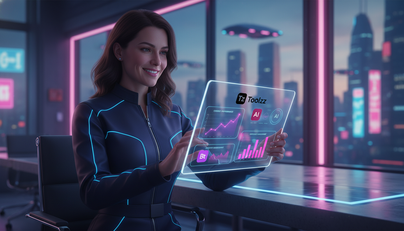 Toolzz: parceiro ideal para Instagram em 2026 — Uma pessoa usando um tablet em um escritório moderno, com um painel de controle da Toolzz exibido na tela. O painel mostra gráficos de desempenho de cha