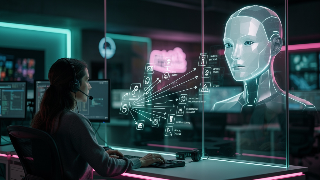 Toolzz: parceiro ideal para Protocolo Agent-to-Human — Um diagrama de fluxo detalhado mostrando a interação entre um agente virtual de IA (representado por um avatar estilizado) e um operador humano (