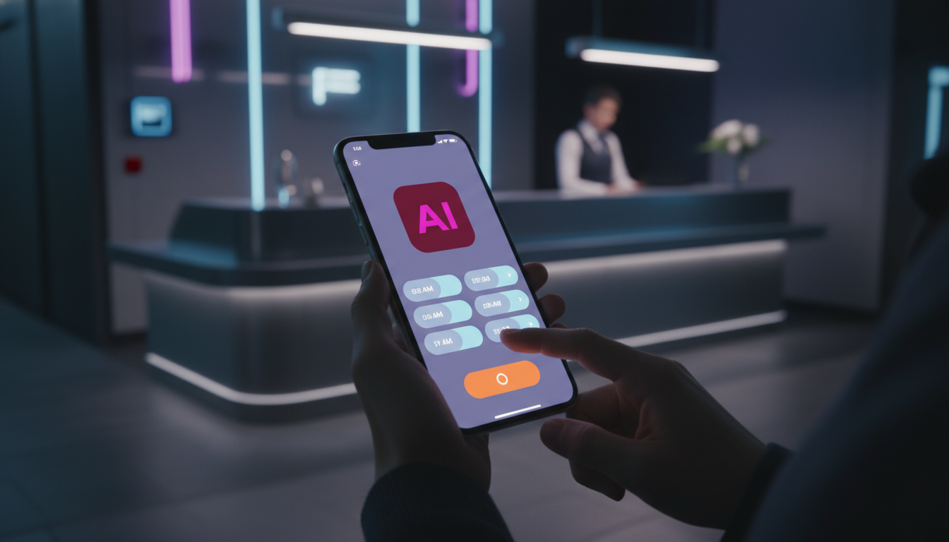 Toolzz: personalização total para Agendamento IA — Close-up das mãos de uma pessoa usando um smartphone para agendar um horário em um aplicativo com a interface da Toolzz. A tela mostra opções de horá