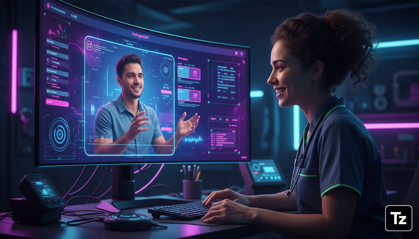 Toolzz: personalização total para Agendamento IA — Visão angular de uma profissional de saúde (nutricionista ou médica) sorrindo e interagindo com um paciente durante uma consulta online. Em segundo p