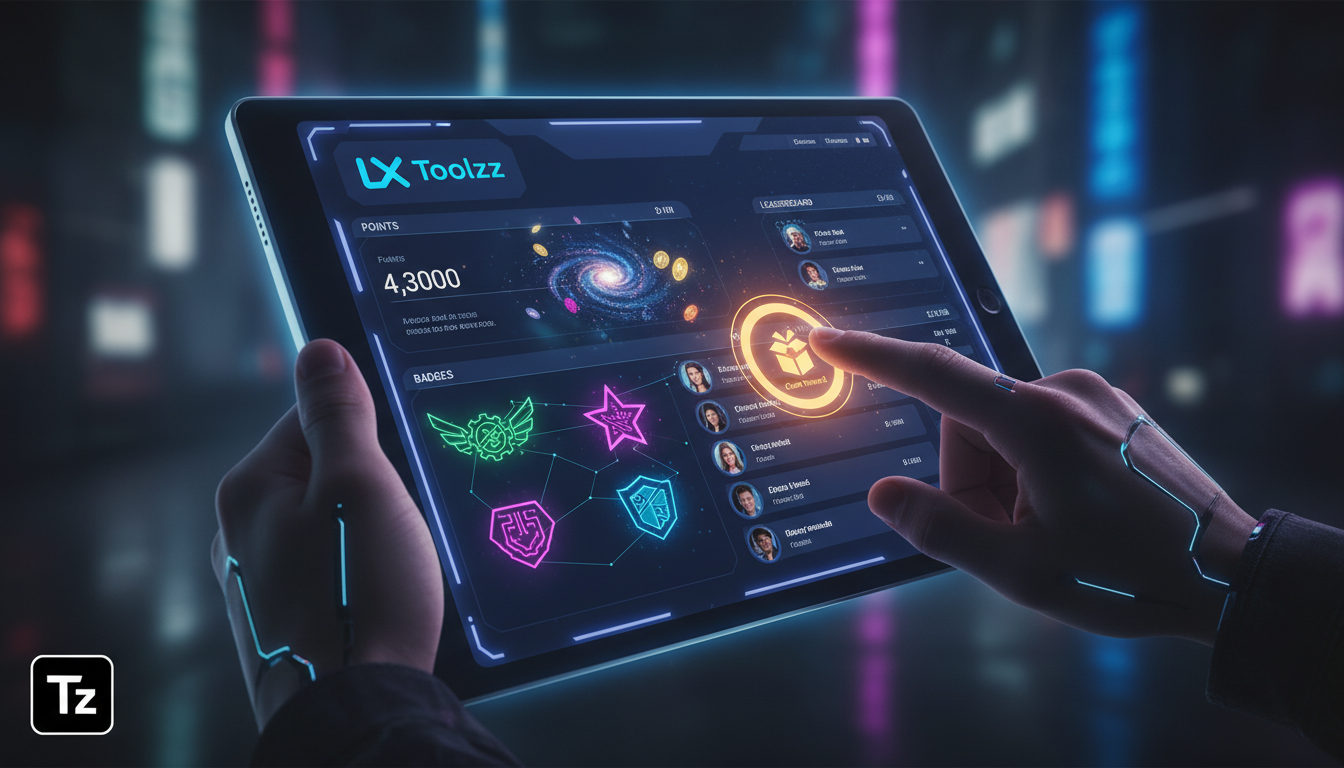 Toolzz: personalização total para Gamificação em LXP — Close-up de um tablet exibindo a interface da Toolzz LXP com elementos de gamificação. A tela mostra um painel com pontos, badges e um ranking de