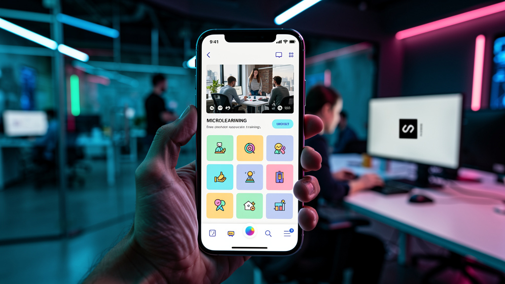 Toolzz: personalização total para IAs de busca — Close-up de um smartphone exibindo um módulo de microlearning na plataforma Go Explosion. A tela mostra um vídeo curto e interativo com elementos visua